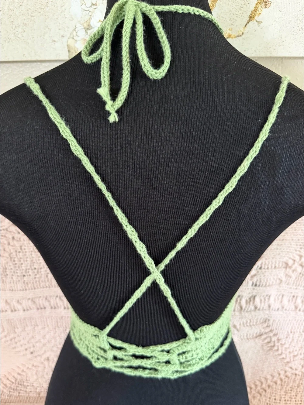 Handmade Crochet Halter Crop Top in Sage Green (Cotton Yarn)
